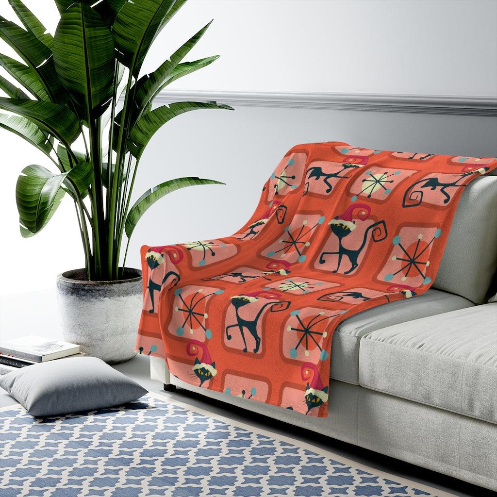 Atomic Christmas Cat Retro Mid Century Red Velveteen Lightweight Blanket | lovevisionkarma.com