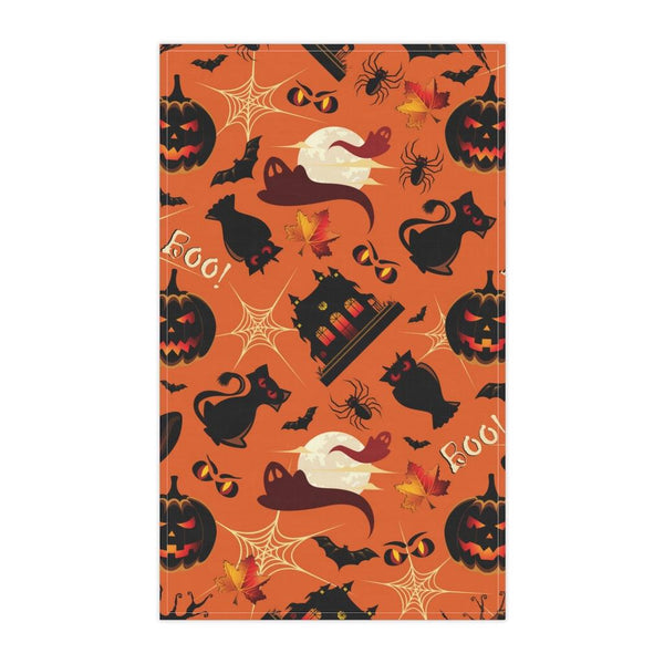 Halloween Black Cat, Bats & Ghost Orange Cotton Twill Kitchen Towel | lovevisionkarma.com