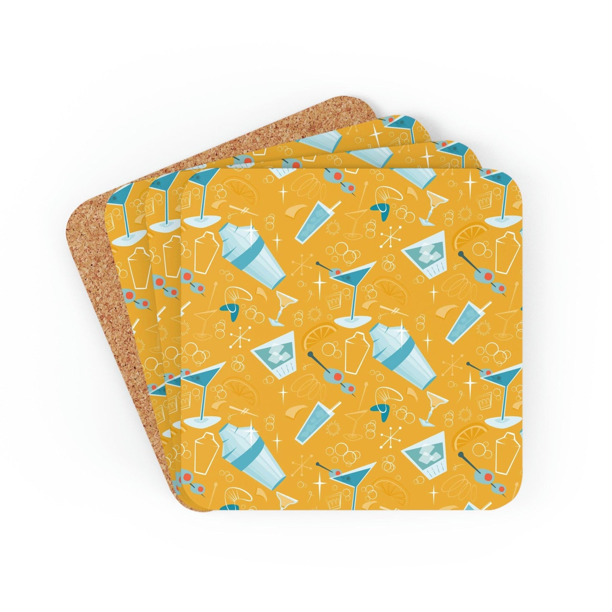 Retro Mid Century Martini and Cocktail Yellow Coaster Set | lovevisionkarma.com