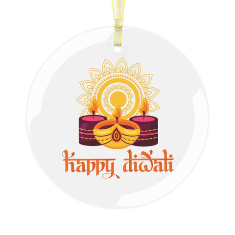 Happy Diwali Ornament, Diwali Home Decor, Diya & Mandala Design Glass Ornament | lovevisionkarma.com