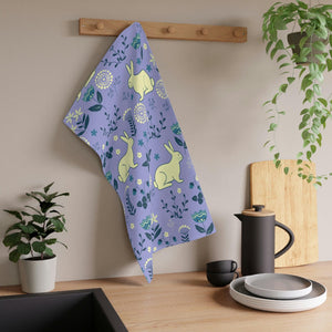 Easter Bunnies & Florals Retro Blue & Purple Kitchen Tea Towel | lovevisionkarma.com