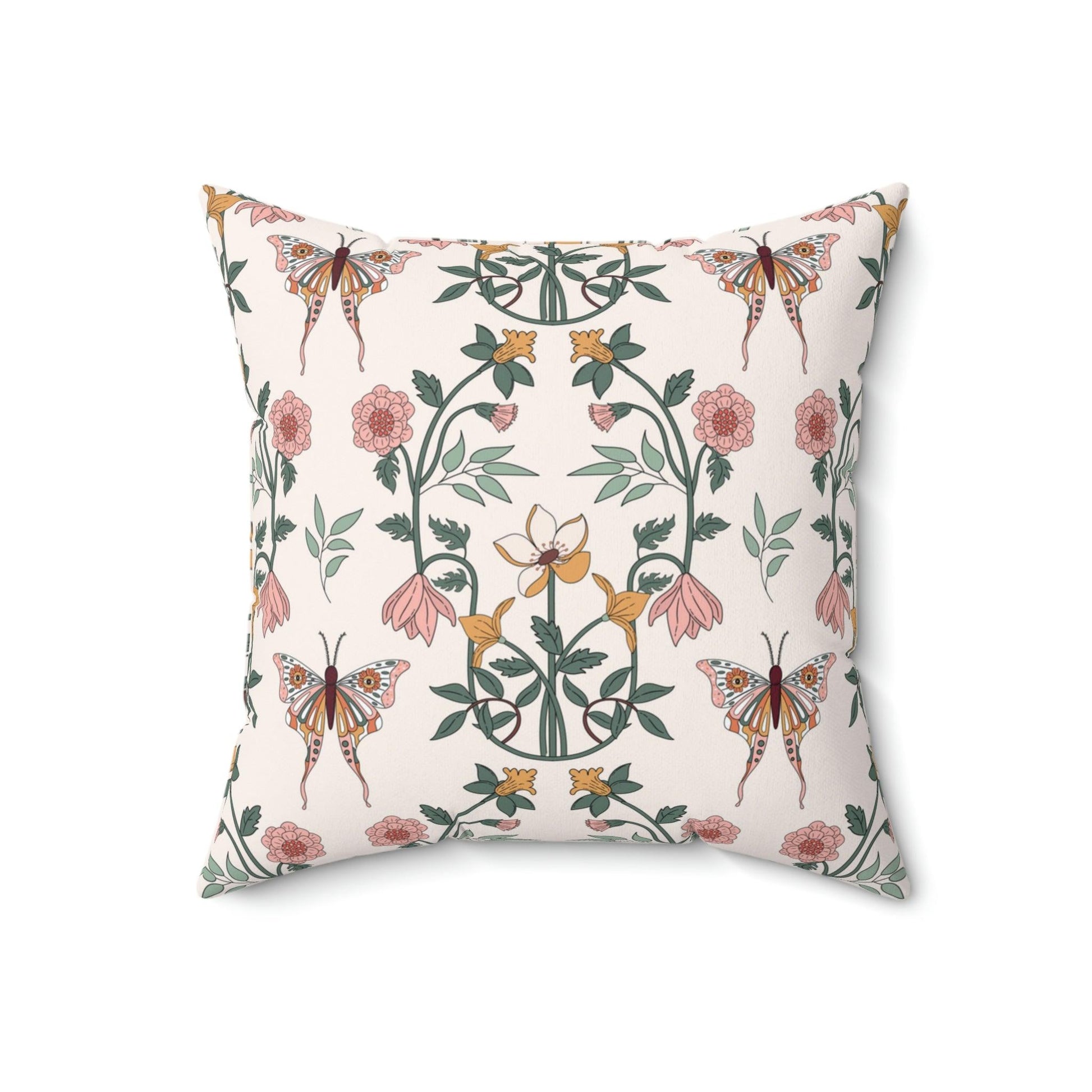 Boho Chic Florals and Moth Cottagecore Multicolor Throw Pillow | lovevisionkarma.com