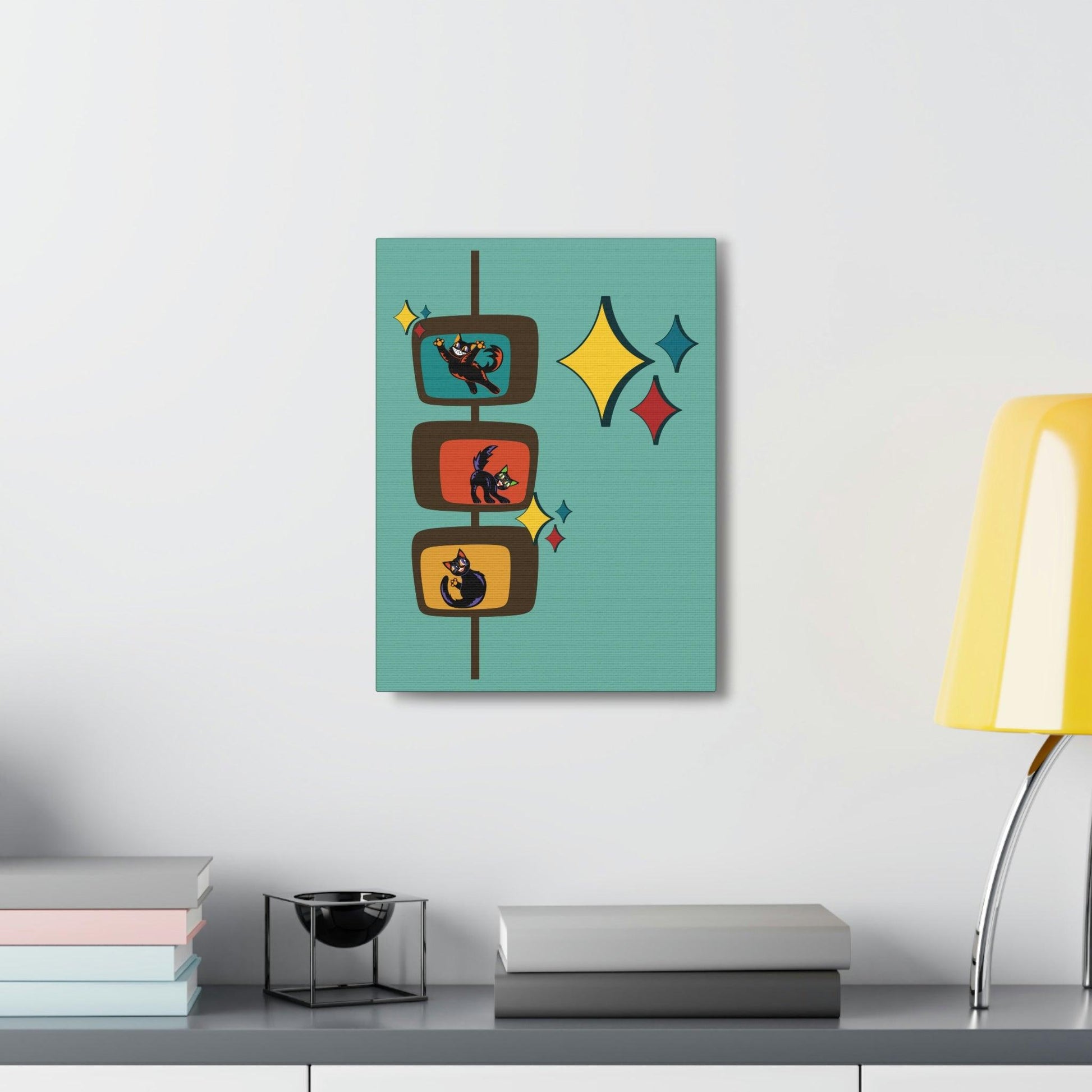 Kitschy Atomic Cats and Bursts Retro Mid Century Blue Canvas Gallery Wrap | lovevisionkarma.com