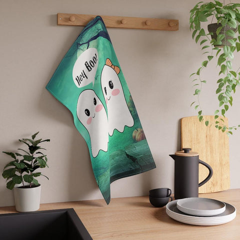 Cute Ghost Couple, Hey Boo, Kawaii Halloween Kitchen Tea Towel | lovevisionkarma.com