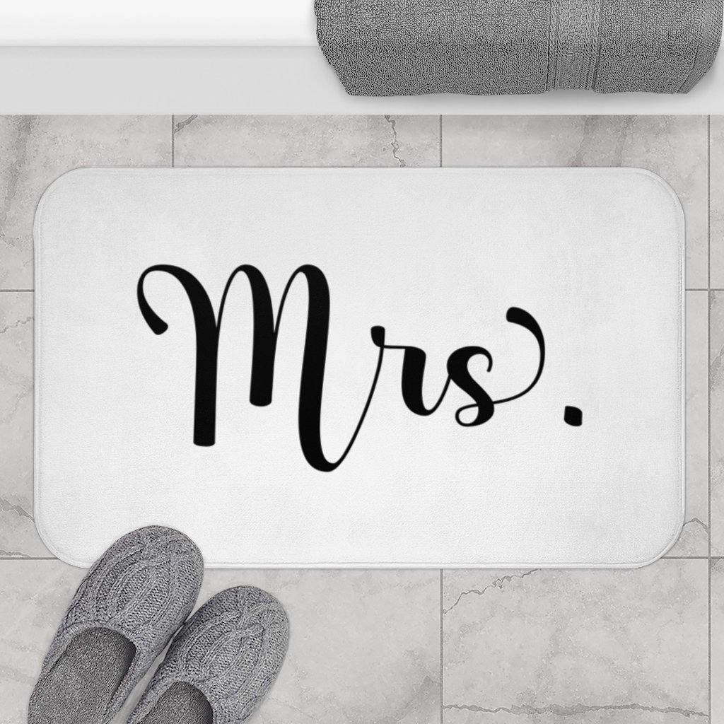 "Mrs." White Modern Minimalist Bath Mat | lovevisionkarma.com