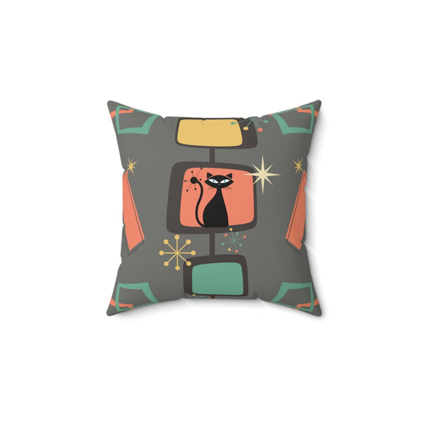 Retro Atomic Cat, Starburst Chic Mid Century Mod Coral & Gray Throw Pillow | lovevisionkarma.com