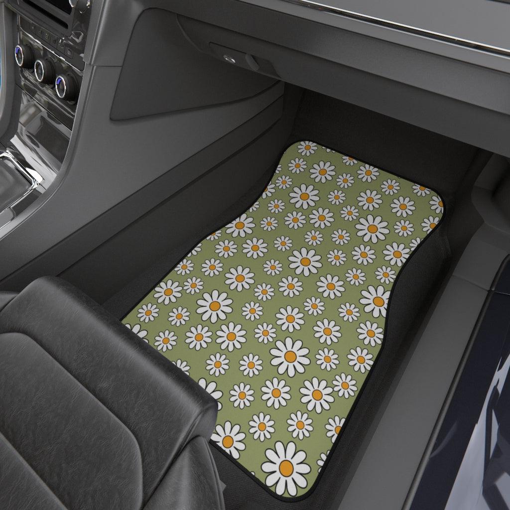 Retro Boho Daisy Sage Green MCM Car Mats (Set of 4) | lovevisionkarma.com