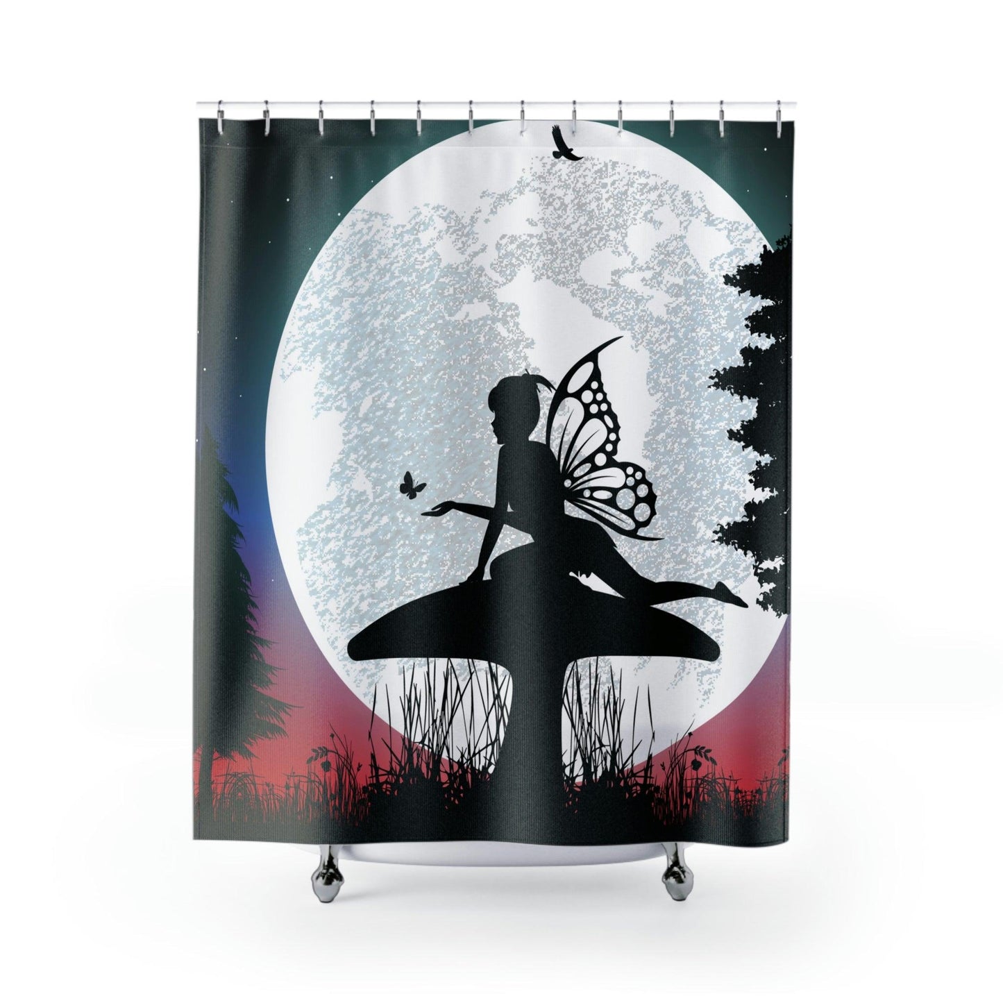 Fairy Silhouette Full Moon and Mushroom Dusk Shower Curtain | lovevisionkarma.com