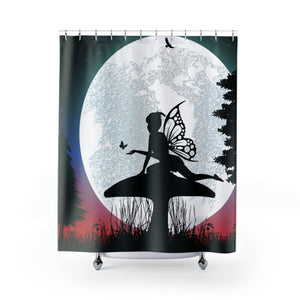 Fairy Silhouette Full Moon and Mushroom Dusk Shower Curtain | lovevisionkarma.com