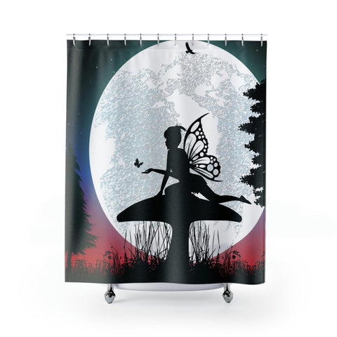 Fairy Silhouette Full Moon and Mushroom Dusk Shower Curtain