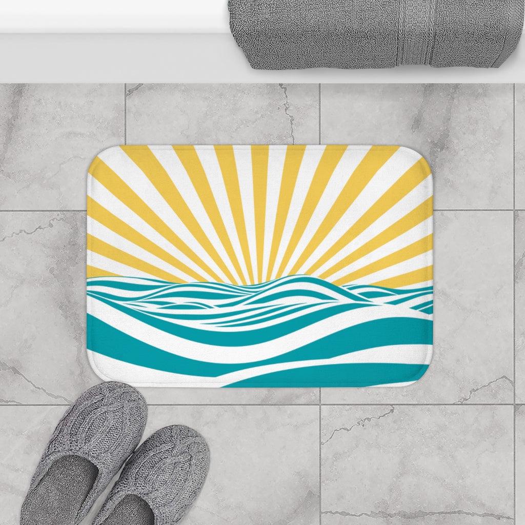 Minimalist Boho Sunrise Yellow, Blue & White Bath Mat | lovevisionkarma.com