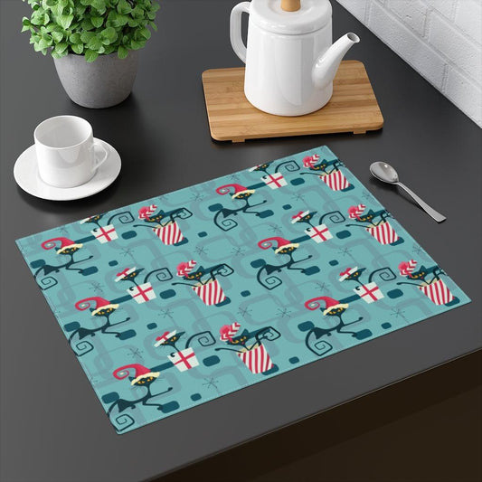 Mid Century Mod Christmas Cat Blue Placemat | lovevisionkarma.com