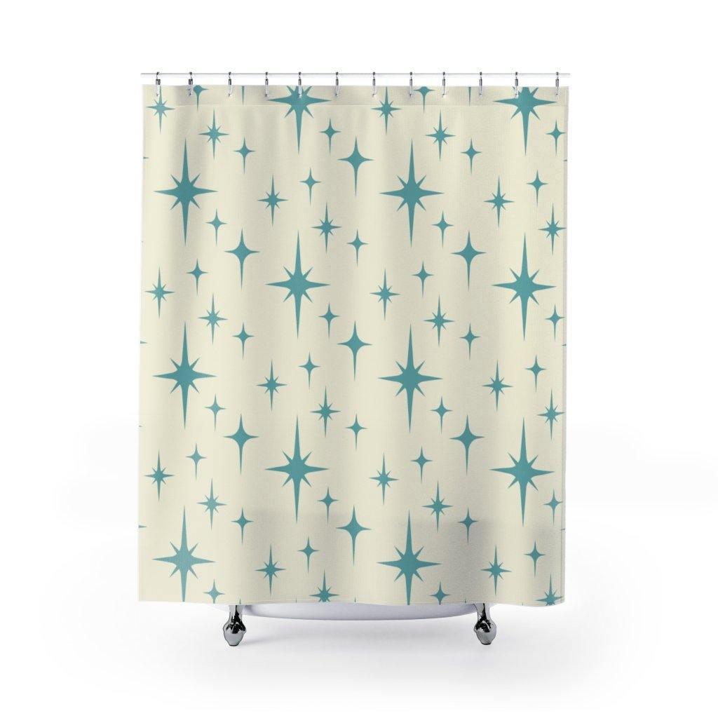 Retro Atomic Burst Blue & Off-White Mid Century Mod Shower Curtain | lovevisionkarma.com