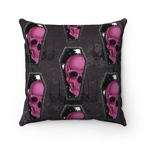 Spooky Skull and Coffin Halloween Pillow Pink & Black Glam Goth Decor | lovevisionkarma.com