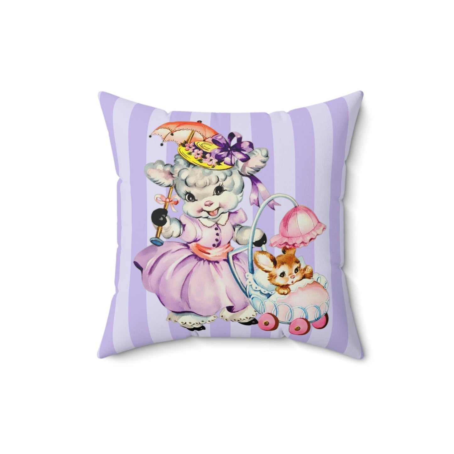 Easter Retro Vintage Kitsch Lamb & Bunny Lilac Stripe Throw Pillow | lovevisionkarma.com