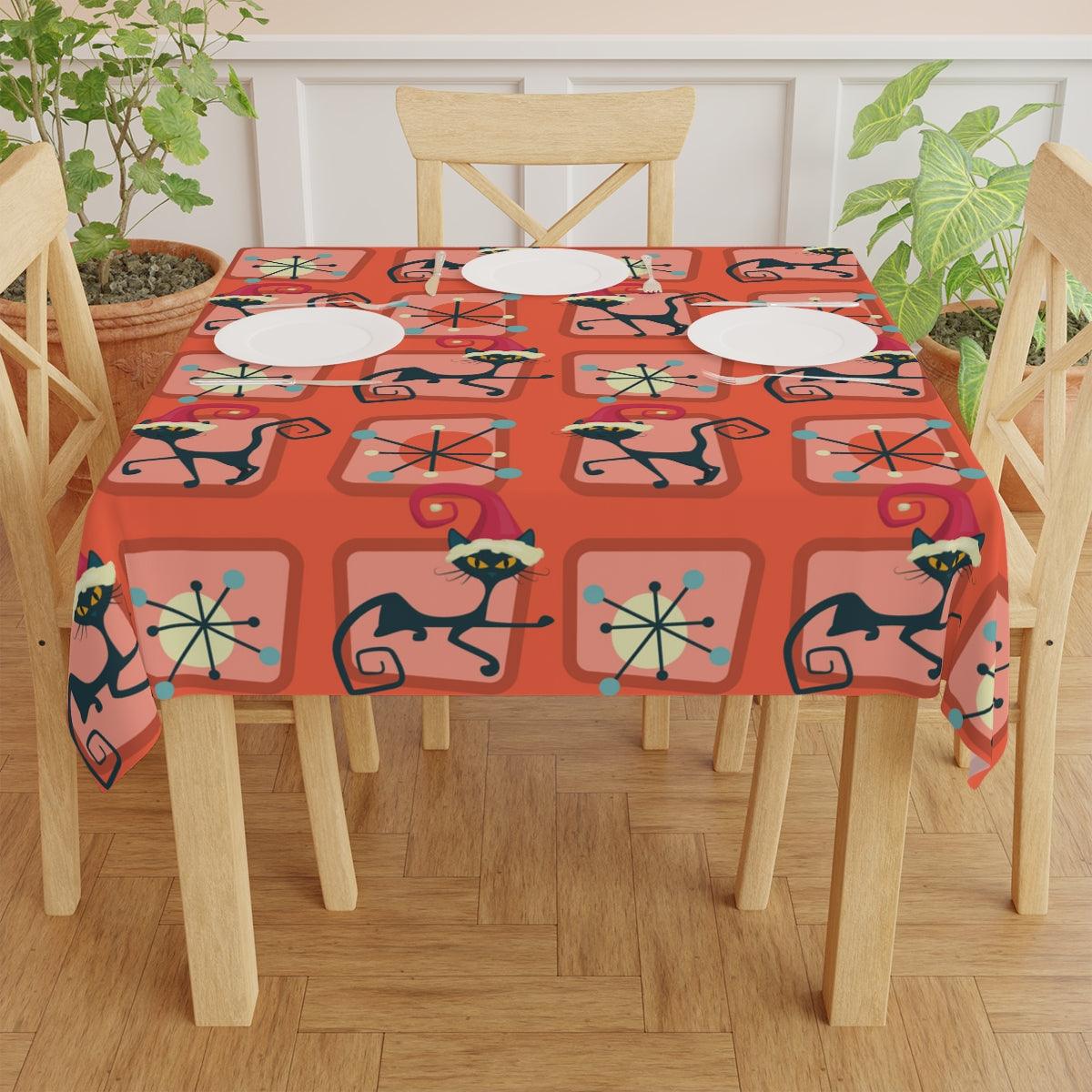 Atomic Christmas Cat Mid Century Mod Festive Red Tablecloth | lovevisionkarma.com