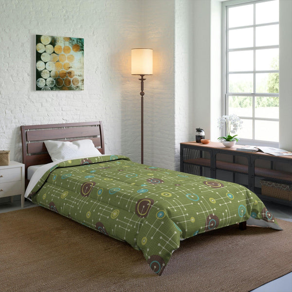 Retro 50s Eames Inspired MCM Lines Green Comforter | lovevisionkarma.com