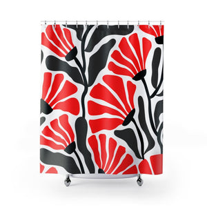 Groovy Retro Abstract Flowers MCM Red/Black/White/Gray Shower Curtain | lovevisionkarma.com