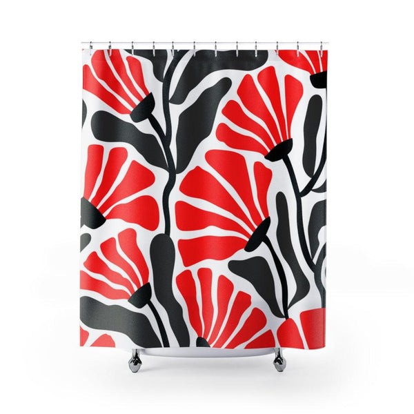 Groovy Retro Abstract Flowers MCM Red/Black/White/Gray Shower Curtain | lovevisionkarma.com