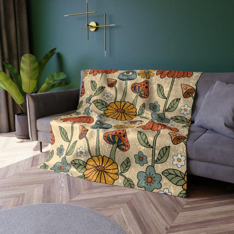 Boho Trippy Mushroom & Flowers Hippie Cottagecore MCM Crushed Velvet Blanket | lovevisionkarma.com