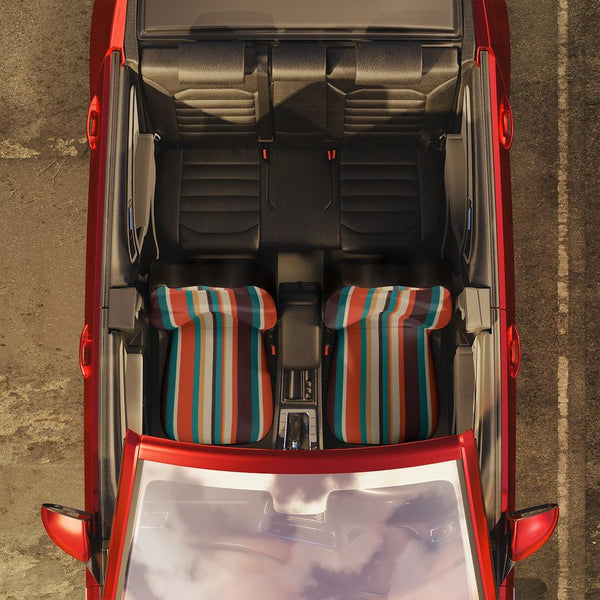 Retro 60s, 70s Mid Century Stripes Brown, Orange & Cream Car Seat Covers | lovevisionkarma.com