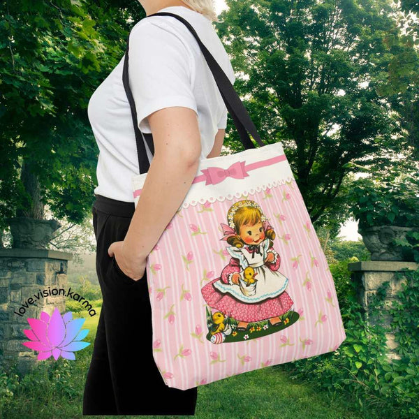 Vintage Kitsch Girl with Chicks MCM Easter Pink Tote Bag | lovevisionkarma.com