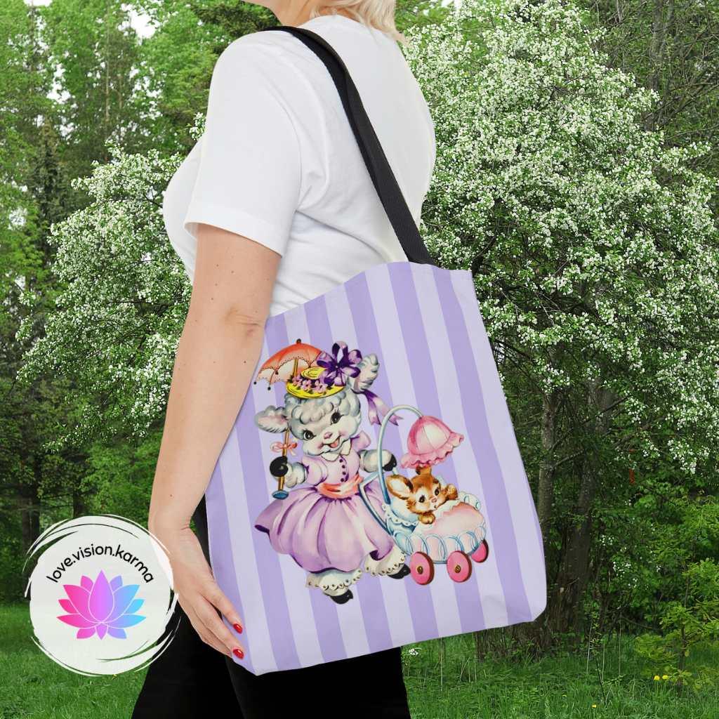 Vintage Kitsch Easter Lamb and Bunny Purple MCM Tote Bag | lovevisionkarma.com