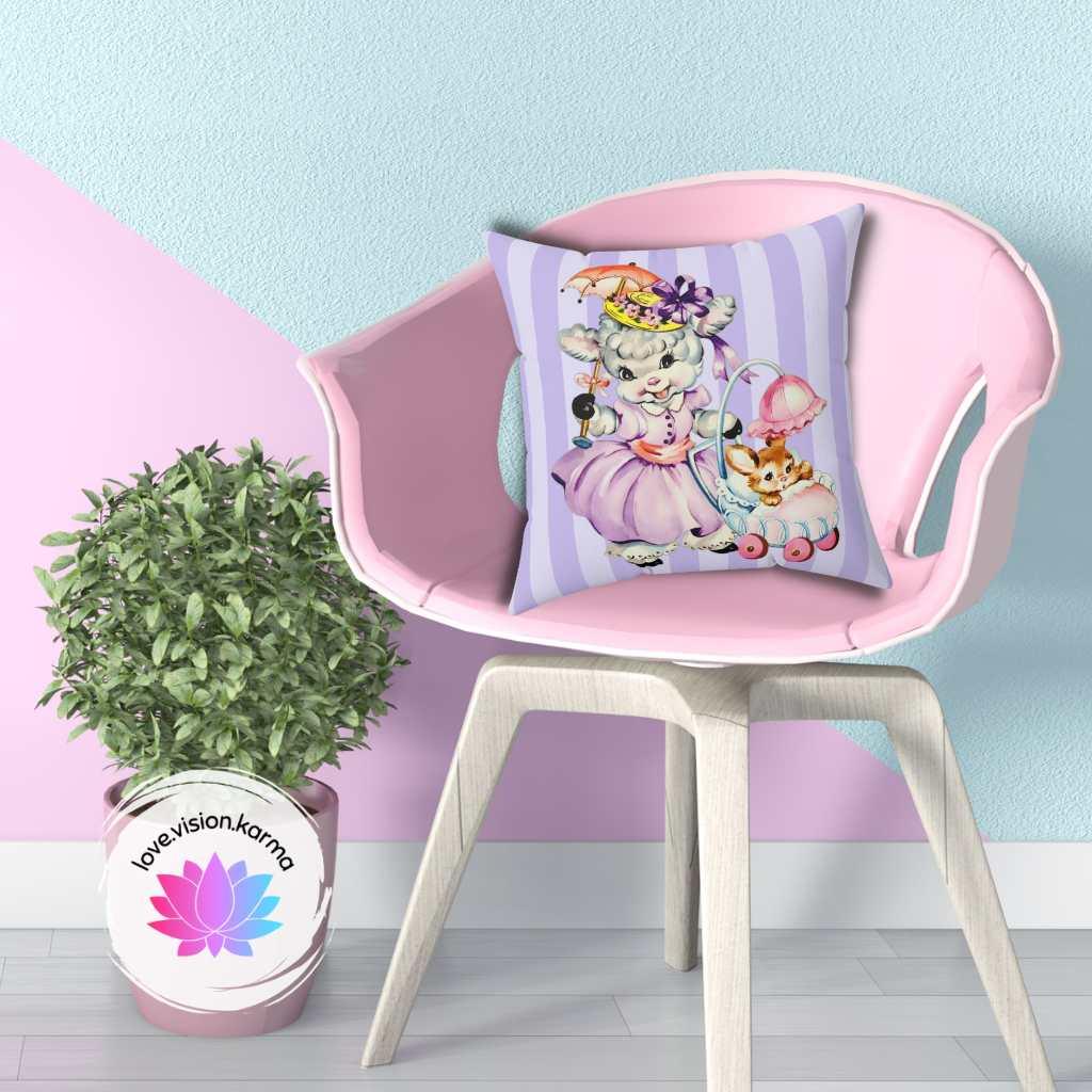 Easter Retro Vintage Kitsch Lamb & Bunny Lilac Stripe Throw Pillow | lovevisionkarma.com