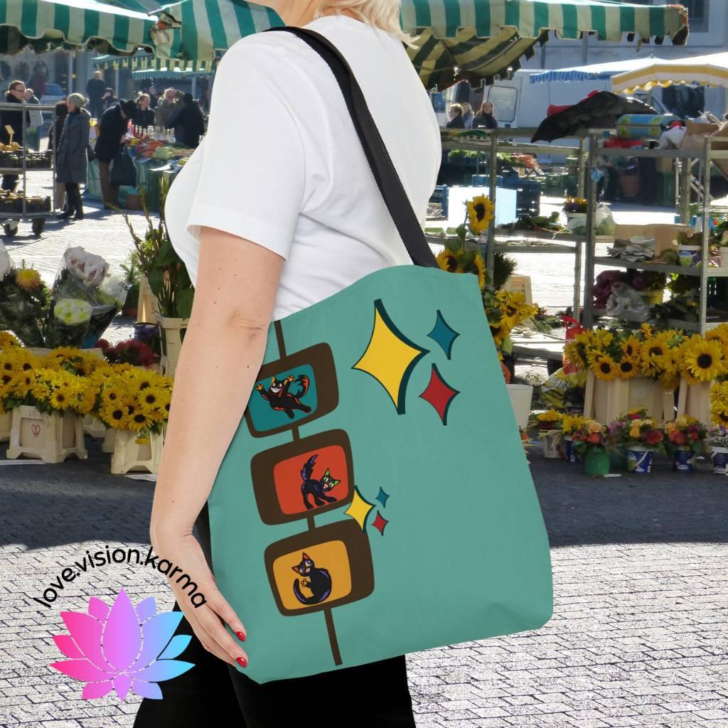 Retro Kitschy Cats Mid Century Mod Blue Tote Bag | lovevisionkarma.com