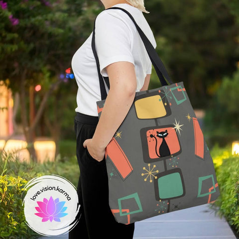 Retro Atomic Cat & Starburst MCM Gray & Coral Tote Bag | lovevisionkarma.com