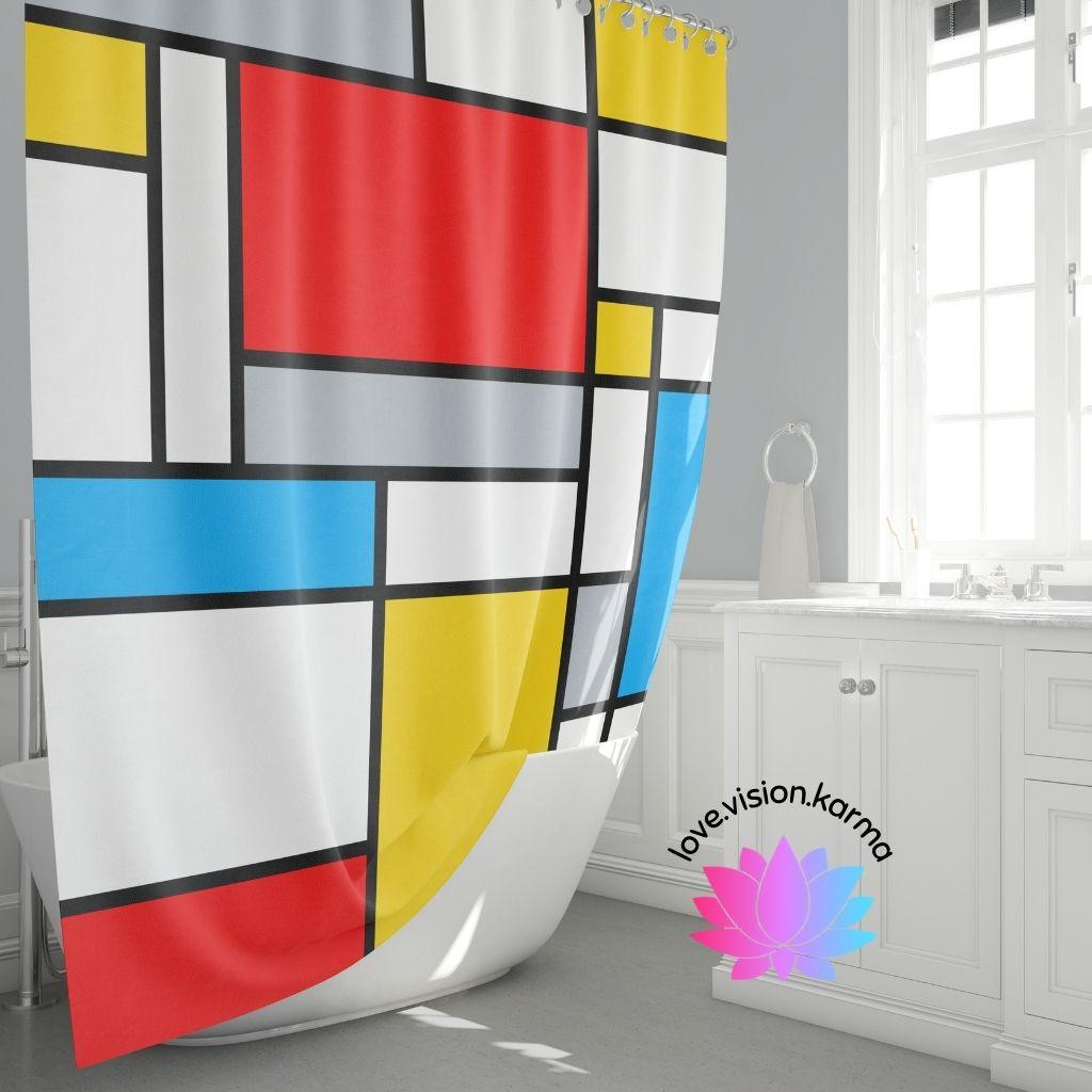 Retro Mondrian Inspired Abstract Art Colorful MCM Shower Curtain | lovevisionkarma.com