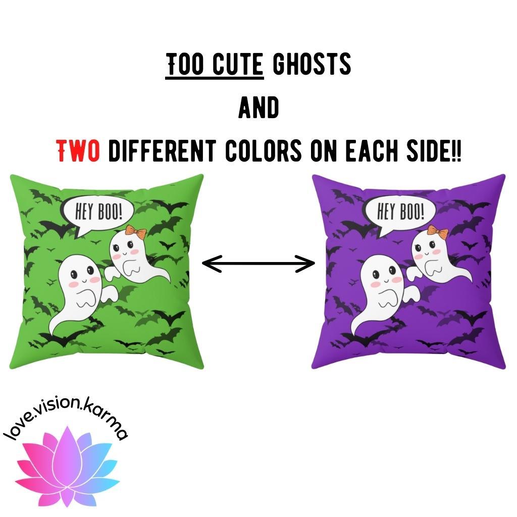 Cute Kawaii Ghost, Hey Boo Halloween Green and Purple Pillow with Different Color on EACH side | lovevisionkarma.com