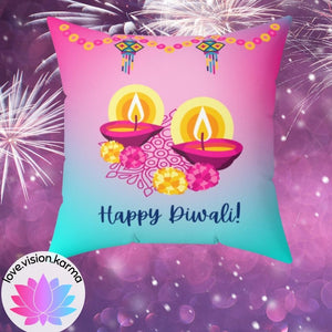 Happy Diwali, Diya, Garland and Flower Ombre Pillow, Diwali Home Decor | lovevisionkarma.com