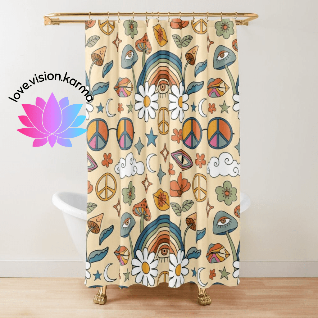 Groovy Boho 60s, 70s Rainbows, Mushrooms, Peace Sign Colorful Shower Curtain | lovevisionkarma.com