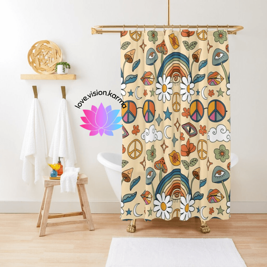 Groovy Boho 60s, 70s Rainbows, Mushrooms, Peace Sign Colorful Shower Curtain | lovevisionkarma.com