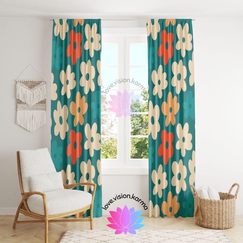 Retro Boho Flowers MCM Blue Curtain Panels | lovevisionkarma.com