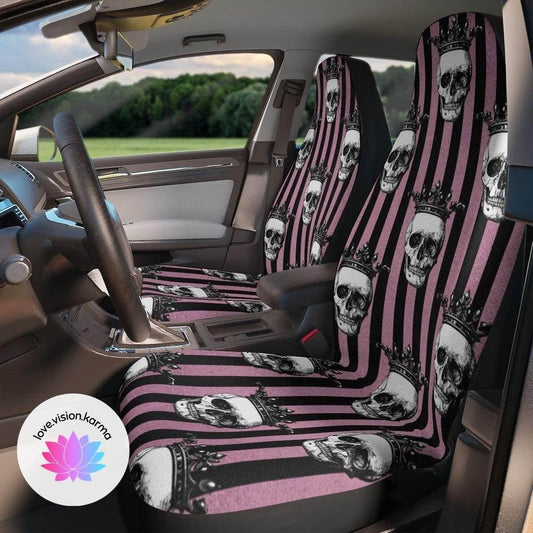 Skulls with Crowns Glam Goth Pink & Black Striped Car Seat Covers | lovevisionkarma.com