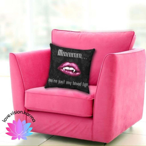 Vampire Lips Halloween Pillow "Just My Blood Type" Goth Glam Decor *Faux Suede* | lovevisionkarma.com