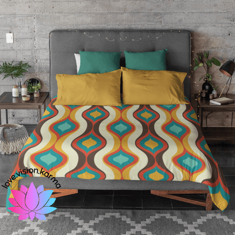 Retro 60's Geometric Waves Brown, Orange & Blue Mid Century Modern Duvet Cover | lovevisionkarma.com