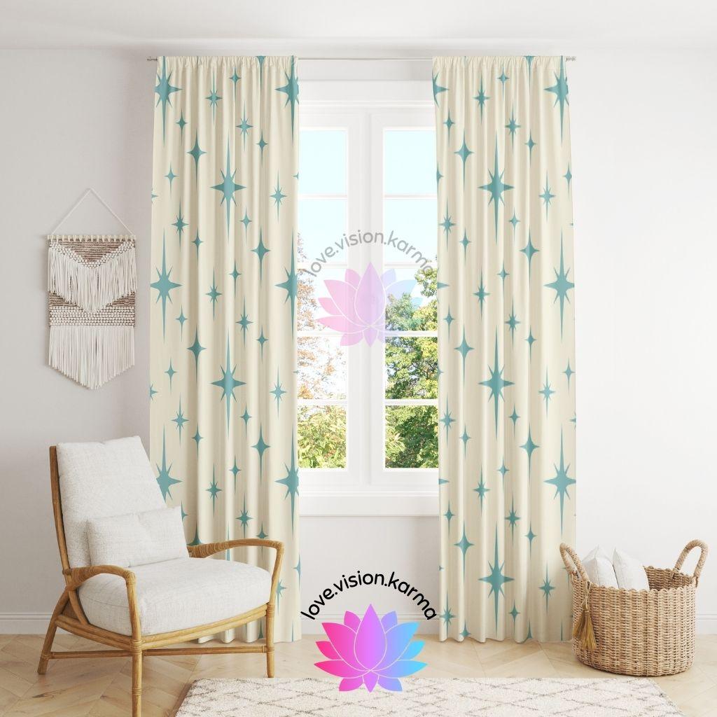 Retro Atomic Starbursts Blue on Cream MCM Curtains | lovevisionkarma.com