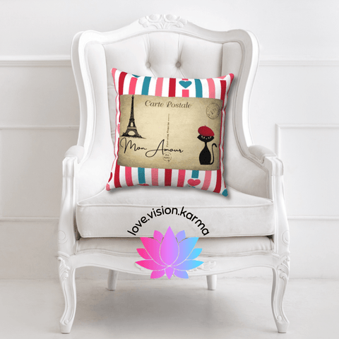 Atomic Cat Postcard from Paris Amour Multicolor MCM Valentine Pillow | lovevisionkarma.com