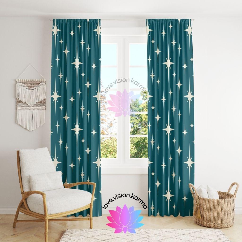 Retro Atomic Starburst Cream on Blue MCM Curtains | lovevisionkarma.com