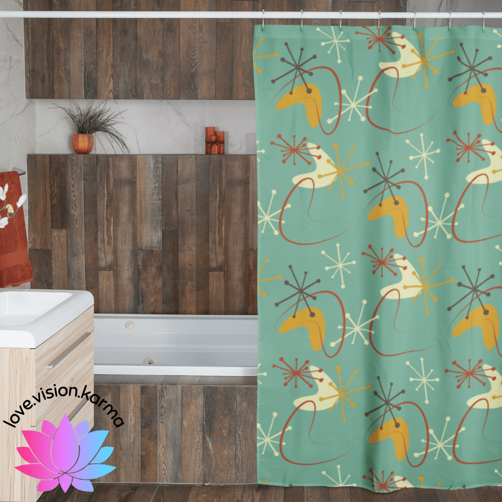 Retro Atomic Starburst and Boomerang MCM Teal & Mustard Shower Curtain | lovevisionkarma.com