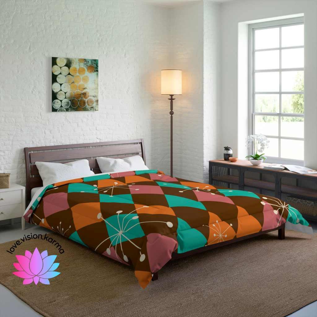 Retro Atomic Starburst Diamonds Mid Century Pink, Orange, Brown Comforter | lovevisionkarma.com