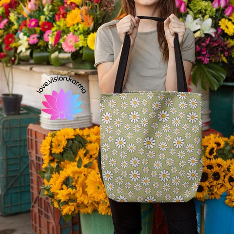 Boho Daisy Sage Green Hippie MCM Tote Bag | lovevisionkarma.com