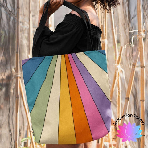 Retro Rainbow Burst Hippie MCM Tote Bag | lovevisionkarma.com