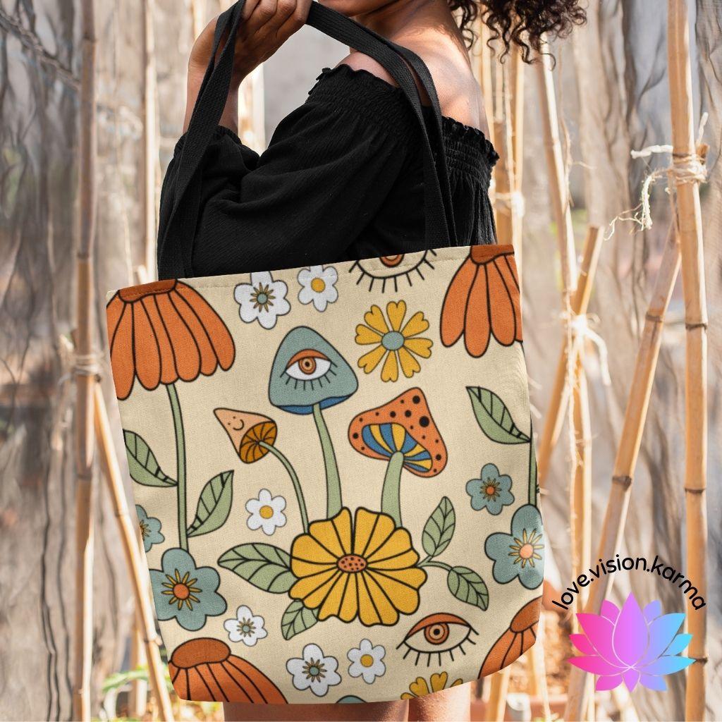 Retro Trippy Mushroom Hippie Flower Tote Bag | lovevisionkarma.com