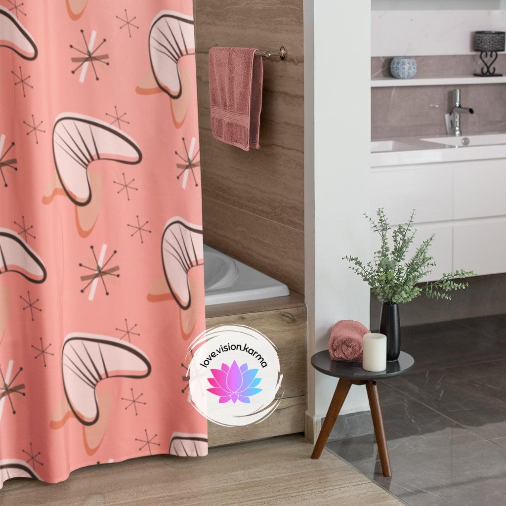 Retro Pink Atomic Starbursts and Boomerangs MCM Shower Curtain | lovevisionkarma.com