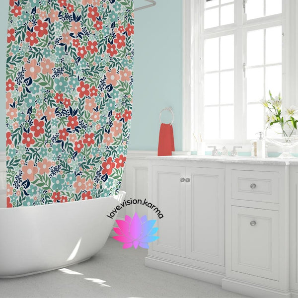 Minimalist Retro Floral Vintage Inspired Coral and Teal MCM Shower Curtain | lovevisionkarma.com