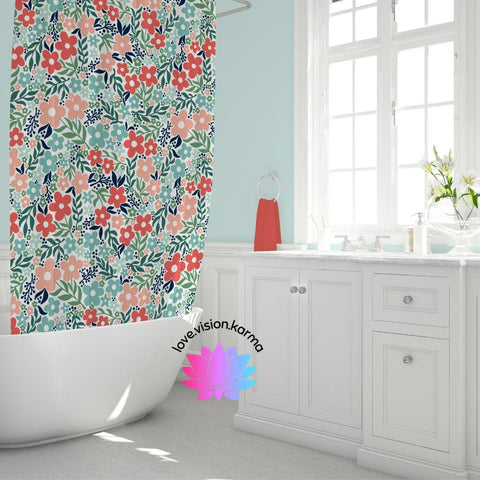 Minimalist Retro Floral Vintage Inspired Coral and Teal MCM Shower Curtain